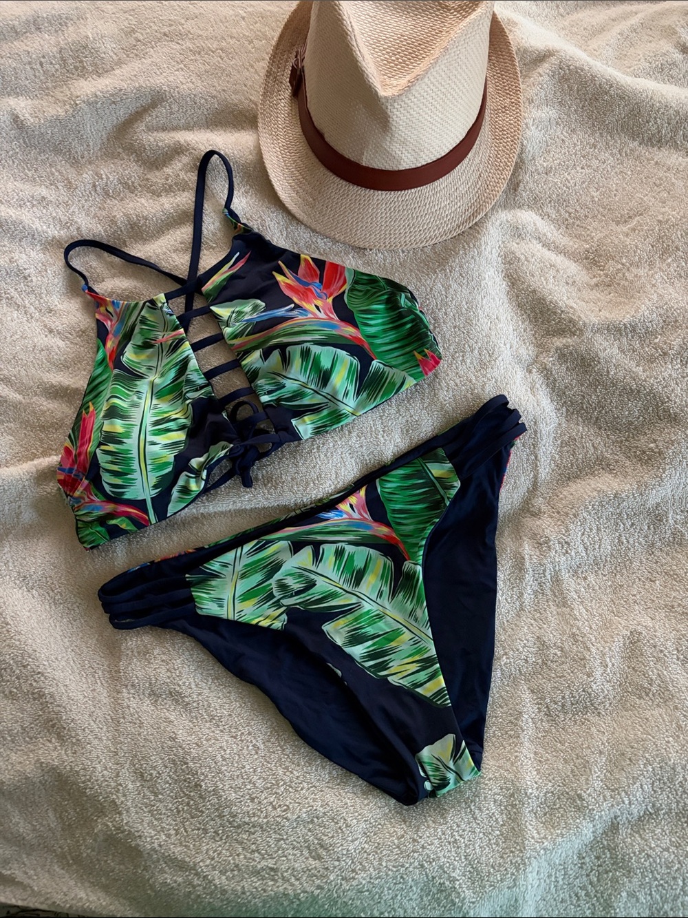 Tropical Leaf High-Neck Bikini Set - Navy Green